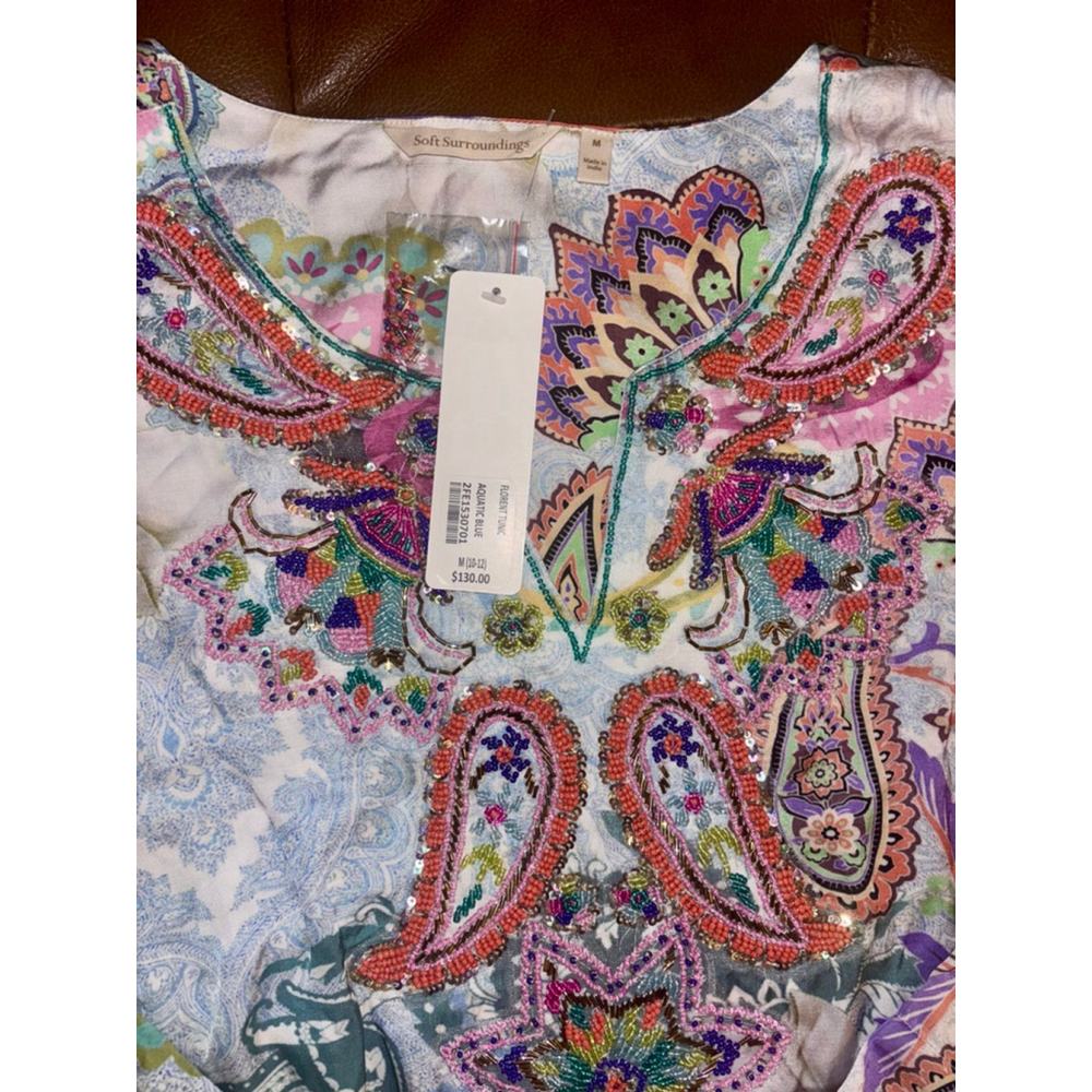 NEW Soft Surroundings FLORENT Silky Soft Beaded Boho Floral Tunic Top size Med - Picture 2 of 8
